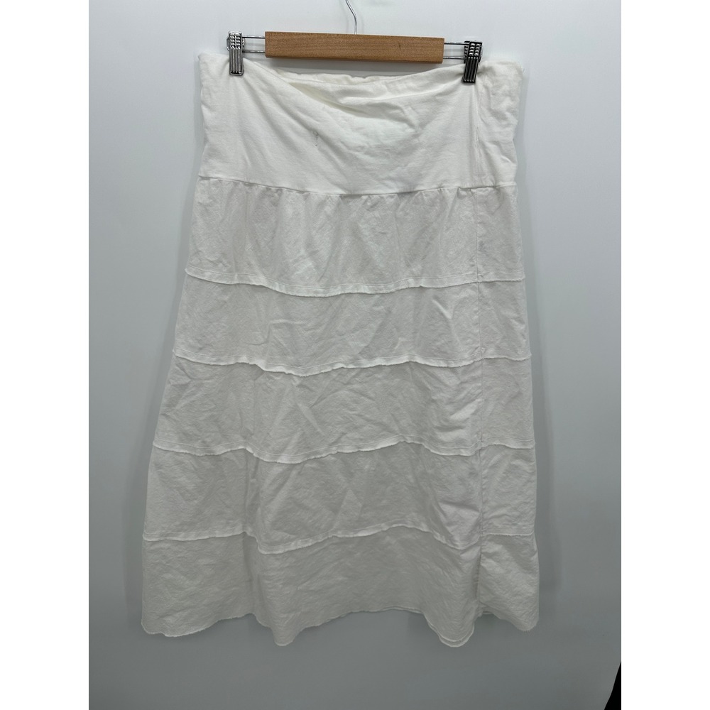 White Linen Cotton Tiered Midi Skirt Sz L Boho Coastal Lagenlook Sustainable
